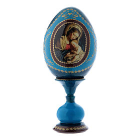 Oeuf en bois bleu russe décoré main Vierge à l'Enfant h tot 16 cm