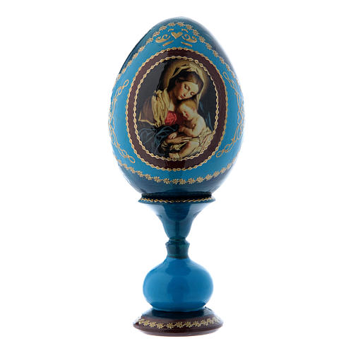 Oeuf en bois bleu russe décoré main Vierge à l'Enfant h tot 16 cm 1