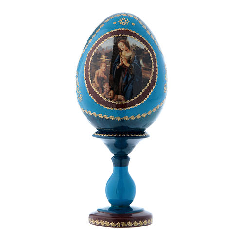 Russische Ei-Ikone, blau, Anbetung des Kindes mit dem Johannesknaben, Gesamthöhe 16 cm 1