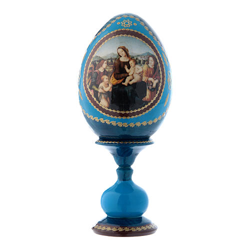 Russische Ei-Ikone, blau, Madonna mit Kind, Johannesknaben und Engeln, Gesamthöhe 16 cm 1
