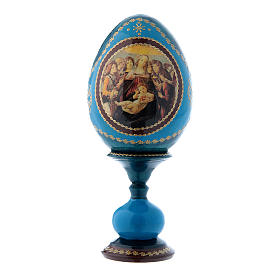 Russische Ei-Ikone, blau, Madonna mit dem Granatapfel, Gesamthöhe 16 cm
