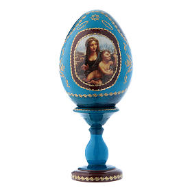 Russische Ei-Ikone, blau, Madonna mit der Spindel, Gesamthöhe 16 cm
