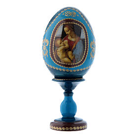 Russische Ei-Ikone, blau, Madonna Litta, Gesamthöhe 16 cm