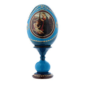 Russische Ei-Ikone, blau, Madonna mit Kind und Johannesknabe, Gesamthöhe 16 cm