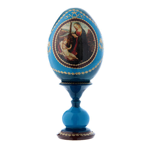 Russische Ei-Ikone, blau, Madonna mit Kind und Johannesknabe, Gesamthöhe 16 cm 1