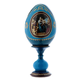 Russische Ei-Ikone, blau, Madonna mit dem Fisch, Gesamthöhe 16 cm