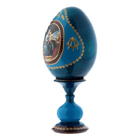 Russische Ei-Ikone, blau, Madonna mit dem Fisch, Gesamthöhe 16 cm