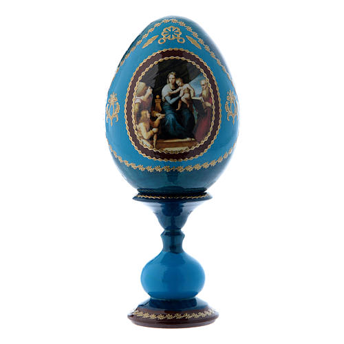 Russische Ei-Ikone, blau, Madonna mit dem Fisch, Gesamthöhe 16 cm 1