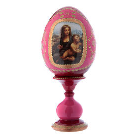 Russische Ei-Ikone, rot, Madonna mit der Spindel, Gesamthöhe 16 cm