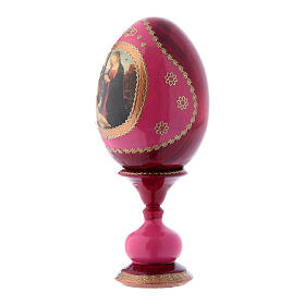 Huevo de madera rojo ruso estilo imperial ruso Virgen con Niño y San Juanito h tot 16 cm