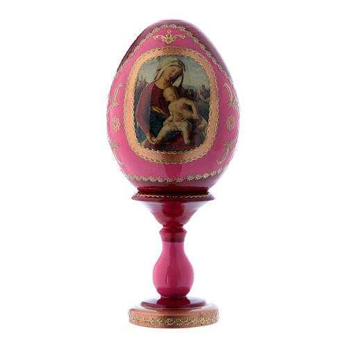 Huevo estilo imperial ruso rojo de madera ruso decorado a mano Virgen con Niño h tot 16 cm 1