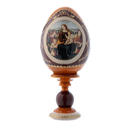 Huevo amarillo de madera decorado a mano ruso Virgen con Niño, San Juanito y Ángeles h tot 16 cm 1