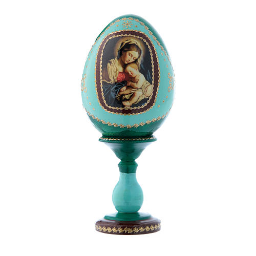 Uovo russo verde in legno decorato a mano Madonna col Bambino h tot 16 cm 1