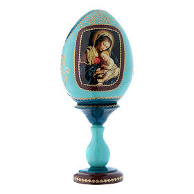 Huevo ícono ruso de madera azul decorado a mano Virgen con Niño h tot 20 cm