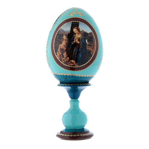 Russische Ei-Ikone, blau, Anbetung des Kindes mit dem Johannesknaben, Gesamthöhe 20 cm 1
