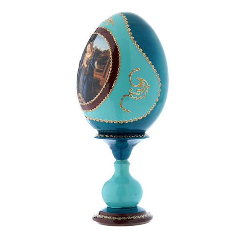 Russische Ei-Ikone, blau, Anbetung des Kindes mit dem Johannesknaben, Gesamthöhe 20 cm 2