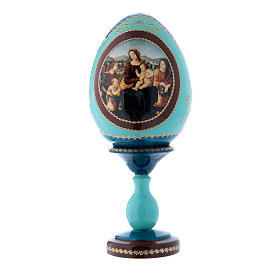 Russische Ei-Ikone, blau, Madonna mit Kind, Johannesknaben und Engeln, Gesamthöhe 20 cm