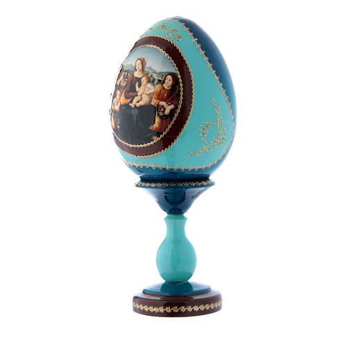 Russische Ei-Ikone, blau, Madonna mit Kind, Johannesknaben und Engeln, Gesamthöhe 20 cm 2