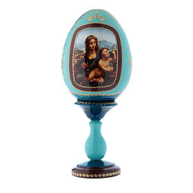 Russische Ei-Ikone, blau, Madonna mit der Spindel, Gesamthöhe 20 cm