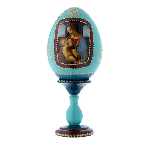 Jajko rosyjskie, decoupage, niebieskie, La Madonna Litta, wys. całkowita 20 cm 1