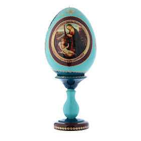 Russische Ei-Ikone, blau, Madonna mit Kind und Johannesknabe, Gesamthöhe 20 cm