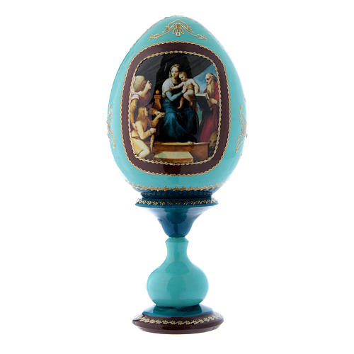 Russische Ei-Ikone, blau, Madonna mit dem Fisch, Gesamthöhe 20 cm 1