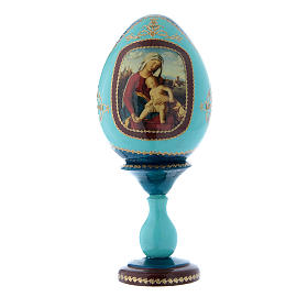 Huevo de madera decoupage azul ruso Virgen con Niño h tot 20 cm