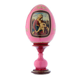Uovo in legno decorato a mano rosso russo Madonna col Bambino stile Fabergè h tot 20 cm