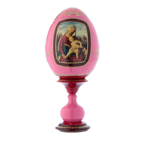 Uovo in legno decorato a mano rosso russo Madonna col Bambino stile imperiale russo h tot 20 cm 1