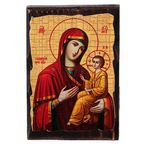 Russian icon painted decoupage, Tikhvin Mother of God 10x7 cm 1