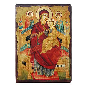 Ícone russo decoupáge e pintura Mãe de Deus Pantanassa no trono 10x7 cm