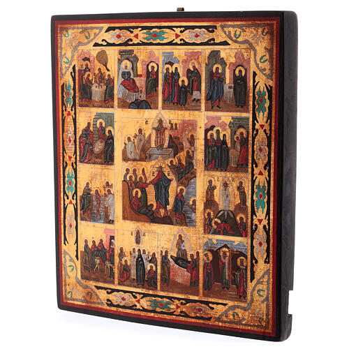 Icono Todas las celebraciones pintado sobre madera 34x28 cm estilo Rusia envejecido 5