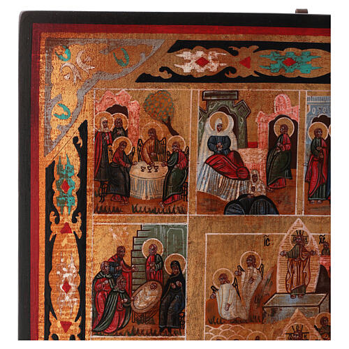Icon of 12 Great Feasts, painted on wood 34x28 cm Russian style antiqued 3