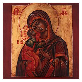 Ícone estilo russo Nossa Senhora de Feodor madeira tília 18x14 cm pintado efeito antigo