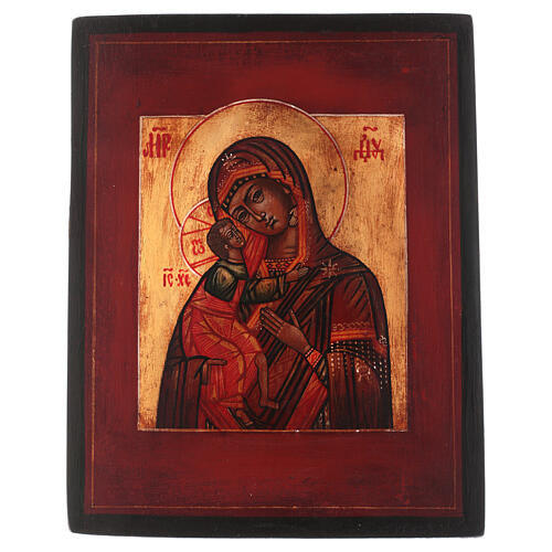 Ícone estilo russo Nossa Senhora de Feodor madeira tília 18x14 cm pintado efeito antigo 1