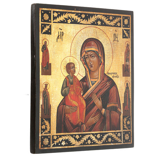 Icône vieillie Mère de Dieu aux Trois Mains peinte 30x25 cm style russe 3