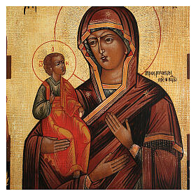 Antiqued icon Our Lady of Troiensk Three Hands painted 30x25 cm Russian style