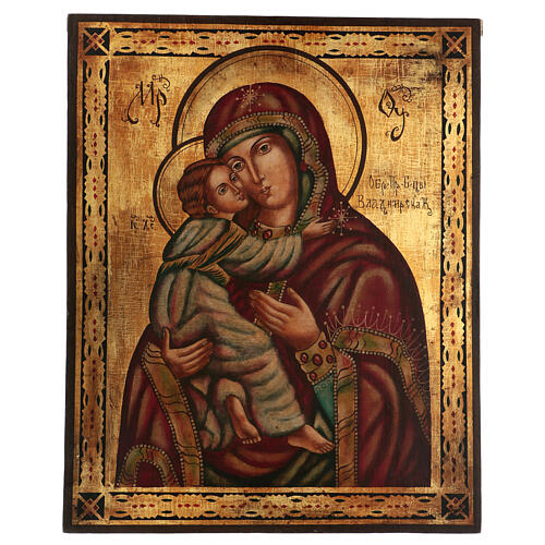 Icono Virgen de Vladimir 65x55 cm estilo ruso pintado envejecido 1