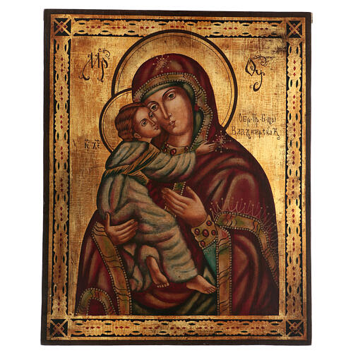 Icône Vierge de Vladimir 65x55 cm style russe peinte vieillie 1