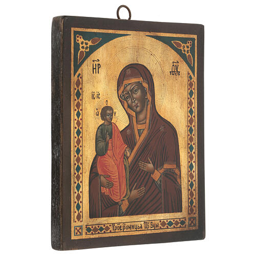 Icono Virgen Troiensk tres manos estilo ruso envejecido pintado 25x20 cm 3