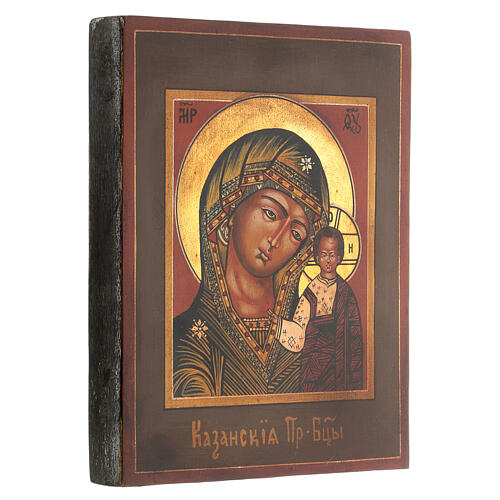 Virgin of Kazan, painted icon, Russian style, antique finish, 18x14 cm 3