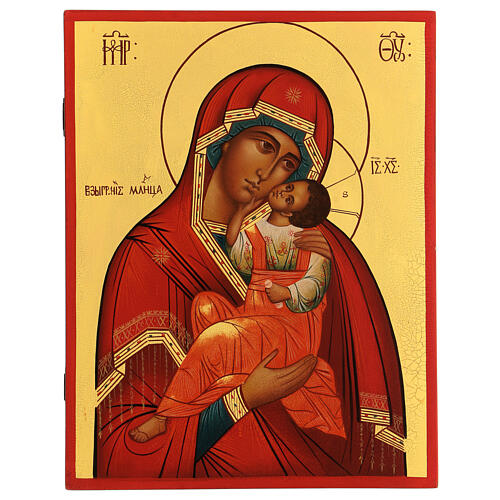 Icona russa antichizzata Madonna Clemente Umilenie dipinta 30x20 cm 1