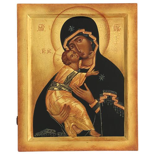 Russian icon of Vladimir Mother of God, painted with antique finish, 36x30 cm 1