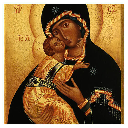 Icona russa dipinta antichizzata Madonna di Vladimir 36x30 cm 2