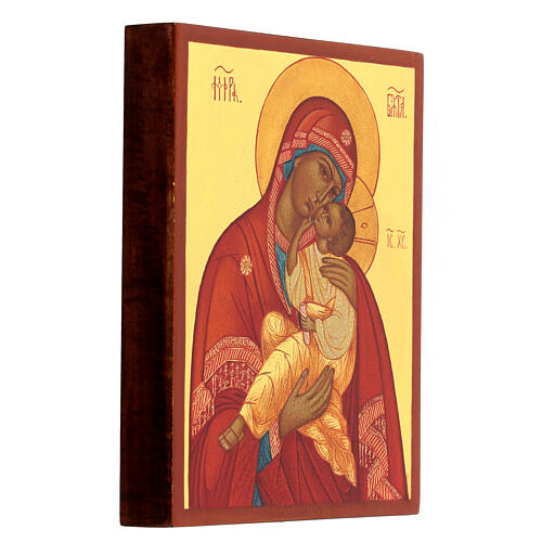 Russian painted icon of the Virgin of Tenderness with red mantle 14x10 cm 3