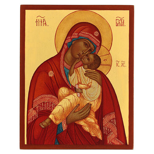 Russian icon Mother of God Umilenie painted red mantle 14x10 cm 1