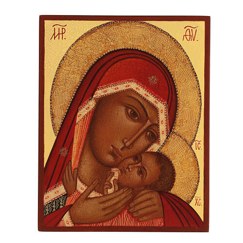 Icona russa Madonna Korsun dipinta manto rosso 14x10 cm 1