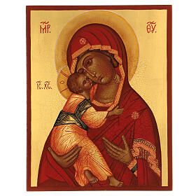 Russische Ikone Madonna Vladimir Rublev, gemalt, roter Mantel, 14x10 cm