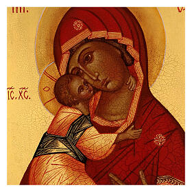 Russische Ikone Madonna Vladimir Rublev, gemalt, roter Mantel, 14x10 cm