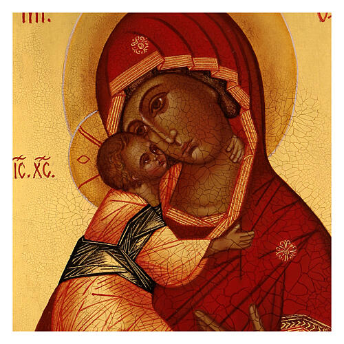 Hand-painted Russian icon of the Virgin of Vladimir by Rublev, red mantle, 14x10 cm 2